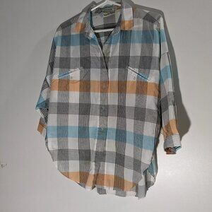 Diane Von Furstenberg Plaid 3/4 Sleeve Blouse White Grey Peach VINTAGE Size 10